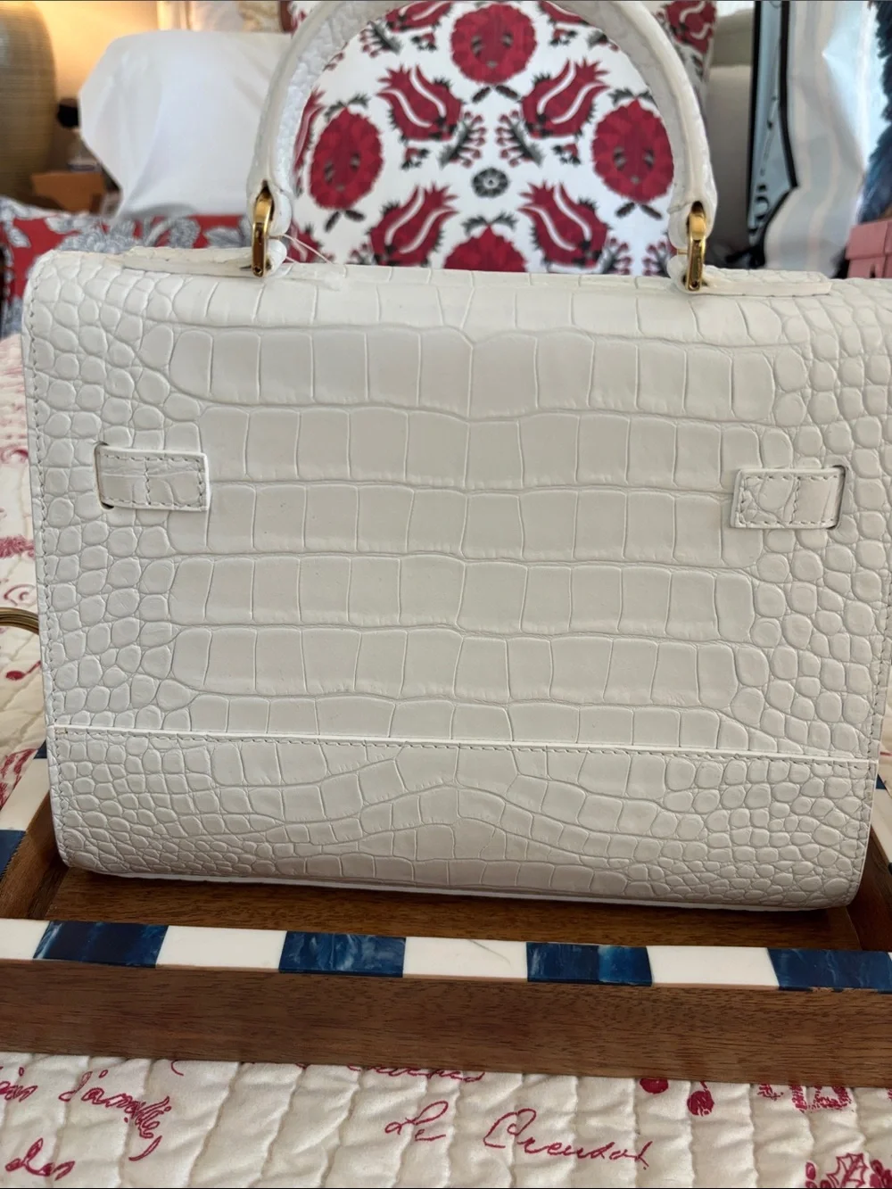 NWOT Teddy Blake AVA 11 White Croc-Embossed Leather Satchel with Gold Hardware